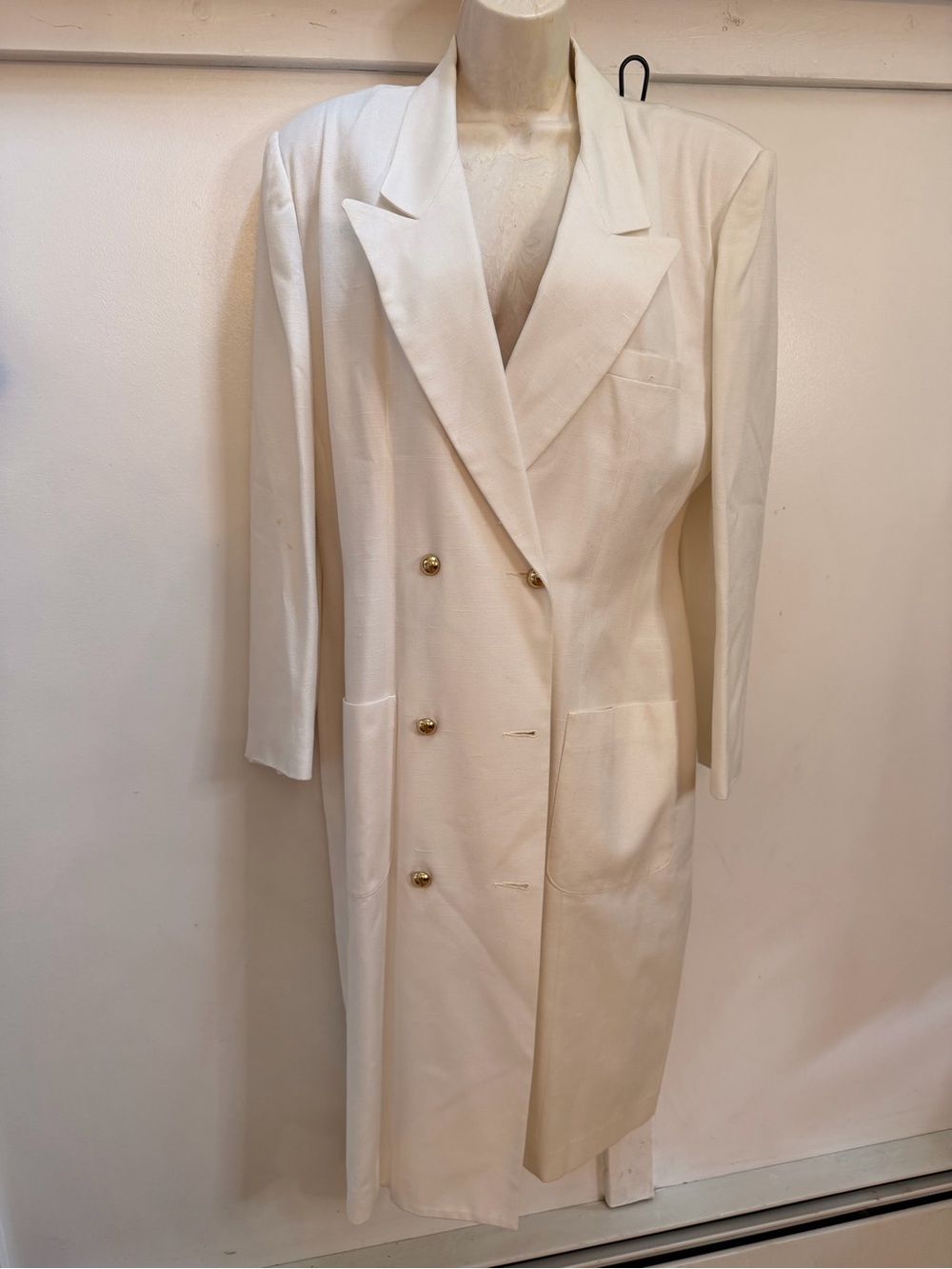 Vintage Lynn Green Women's Long Double-Breasted Cream Blazer Coat